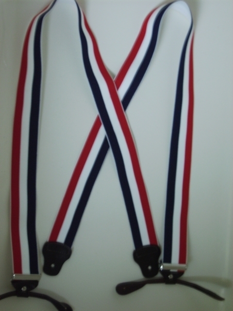 1 1/2" & 2" wide. "X" Style. BUTTON-ON. Choose from Assorted SIZES from 5' 1" to 6' 2" Height. (42" to 48" long Straps). Red, White and Blue Stripes. Cotton/Polyester, hand washable-hang to dry Suspenders with Straps that are stretchable for entire length of the material with Genuine Leather ends and 2 Chrome Adjusters. X-UA/B120N-RWN
